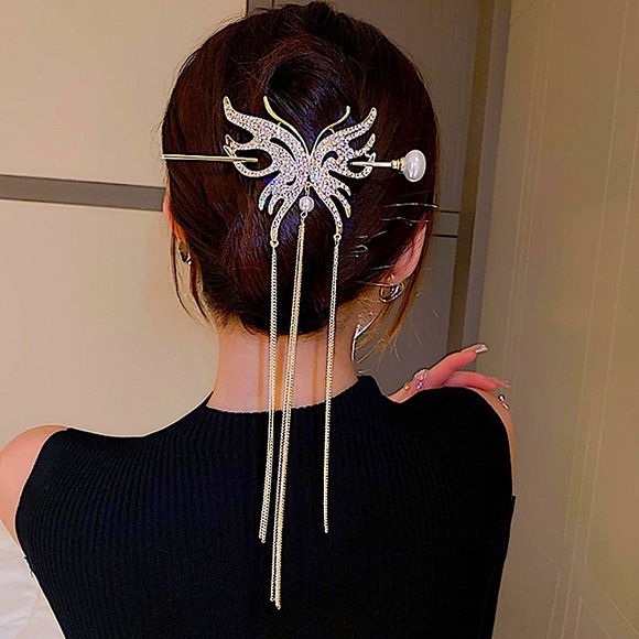 Rhinestone Gold Butterfly Hair Stick Chopsticks Hair Accessory - Picture 1 of 8